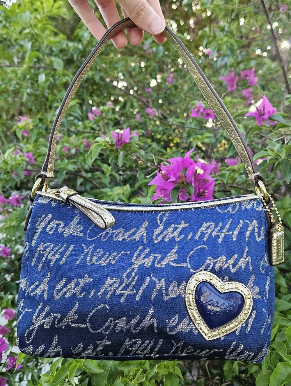 Coach Blue Graffiti Heart Demi Hobo Canvas Gold Leather Shoulder Bag